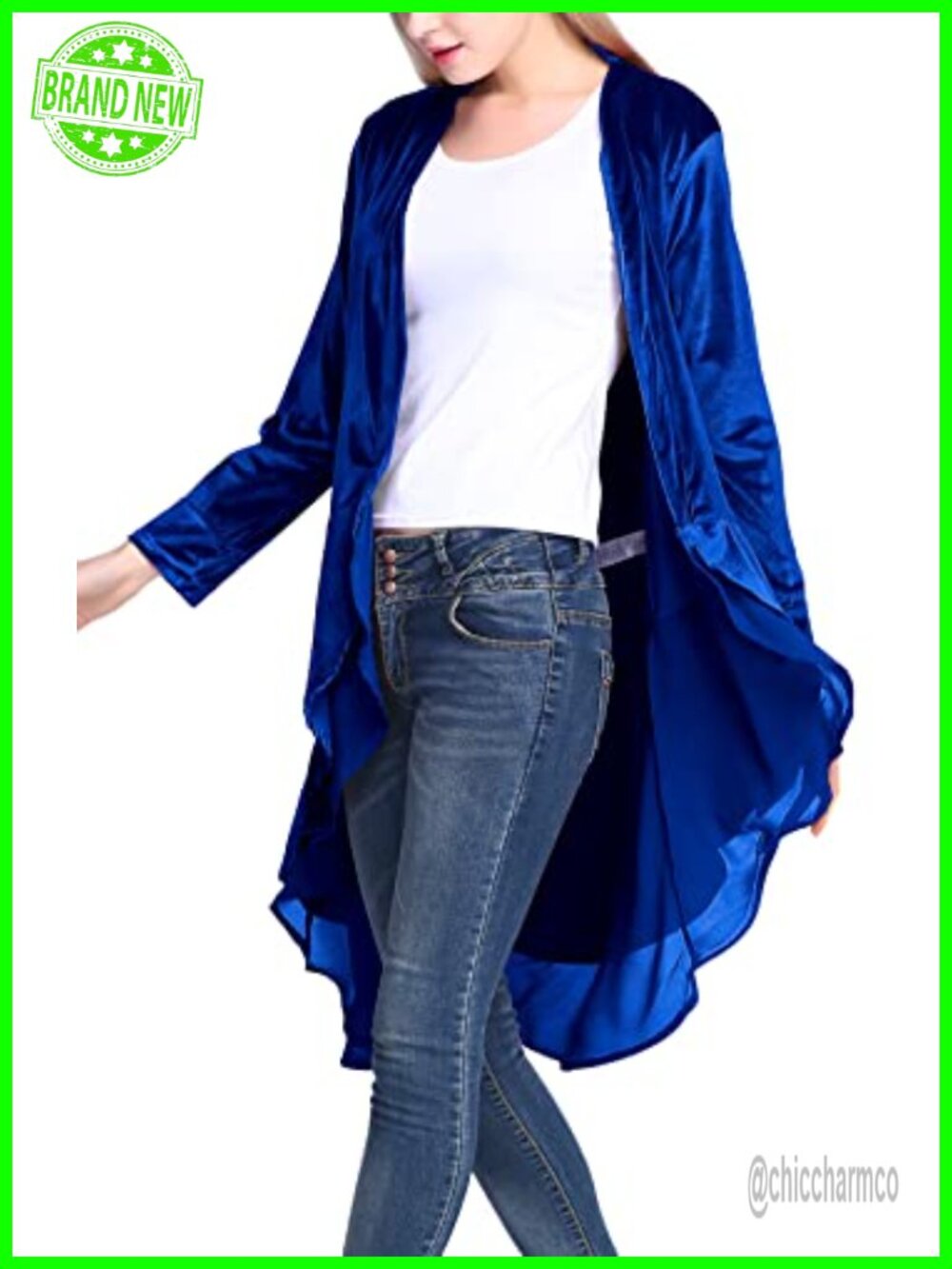 Velvet Open Front Draped Cardigan Coat Asymmetric Chiffon Hem Long Sleeve
